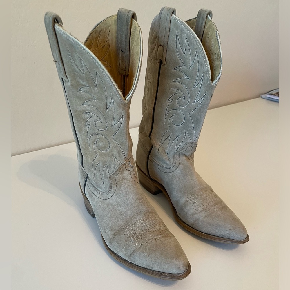Vintage Cowboy Boots Tan Leather Stitched Mid Calf